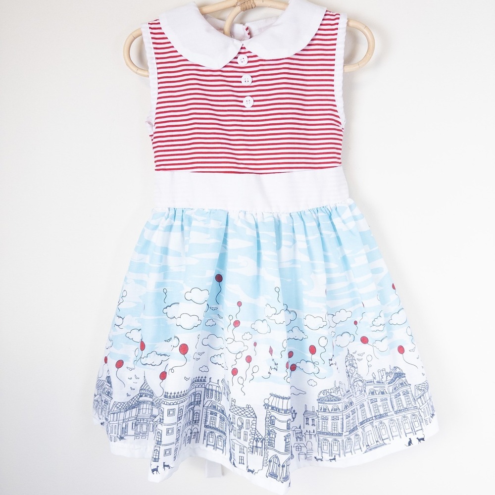 Sweet Charlotte Cityscape Cat Print Striped Dress Girls 4 Red Blue White‎ Retro